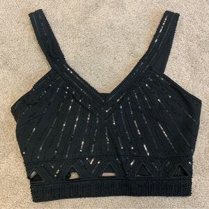 BEBE black sequin beaded cut-out crop top Sz S NWOT